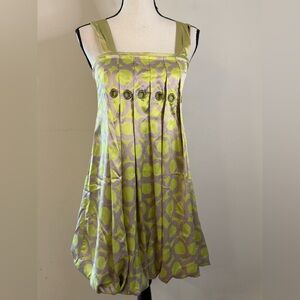 Kaidal chic shimmery green gold ring pattern sleeveless pleated midi dress SZ M